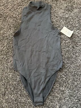 Sleeveless Mock Neck One-Piece in Charcoal Gray-XXS